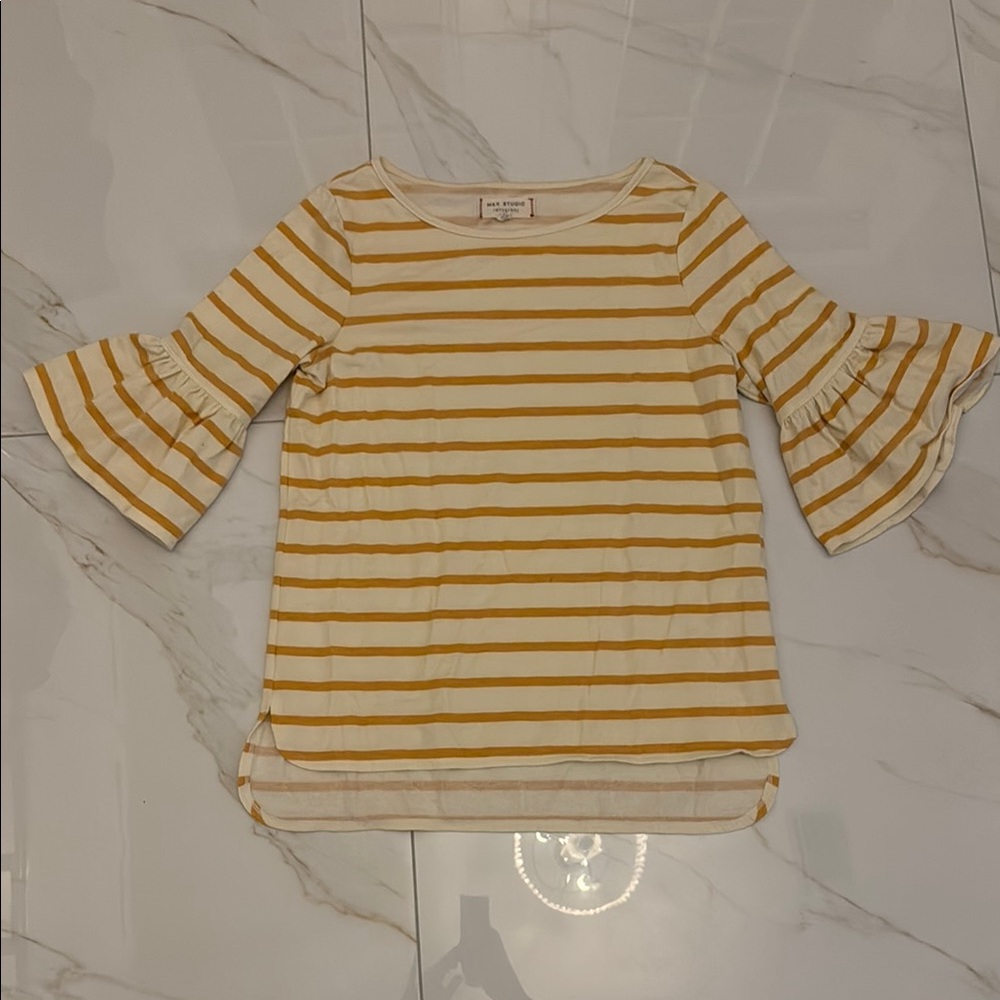 Max Studio Striped Yellow and White Bell Sleeve Top